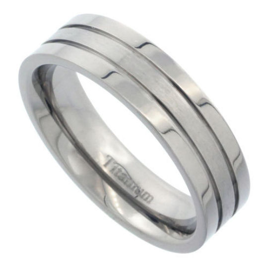 Titanium 6mm Flat Wedding Band Ring Two Lined Grooves Highly Polished Matte Center Comfort Fit sizes 7 to 14