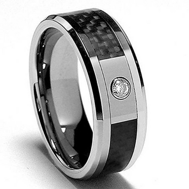 Tungsten Ring Black Carbon Fiber Inlay Genuine Round Diamond Wedding Band 8mm width Comfort Fit  Polished Edges Sizes 7 8 9 10 11 12 13