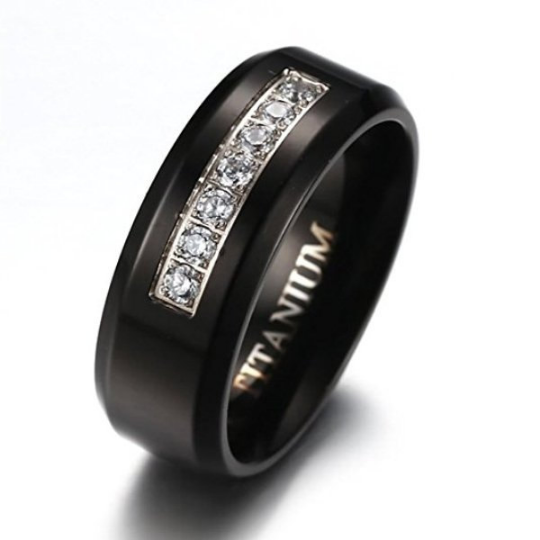 7 Genuine Diamonds Titanium Ring Black Wedding Band Beveled Edges 8mm Comfort Fit Design Sizes 7 8 9 10 11 12 13 14