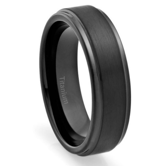 6mm Men's Women's Titanium Ring Black Plated Brushed and Grooved Polished Edges Wedding Band Size 5 - 11 Available in 1/2 Size increments