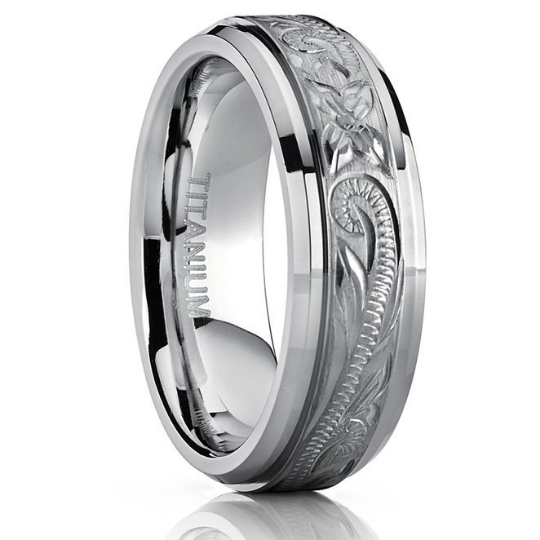 Titanium Wedding Band Comfort Fit Design Hand Engraved Unisex 7mm Width Beveled Edges Available in Sizes 7 7.5 8 8.5 9 9.5 10 10.5 11 12