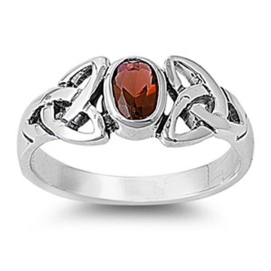 Celtic Design Sterling Silver Ring with Oval Cut Garnet Cubic Zirconia Gemstone HandCrafted Size 5
