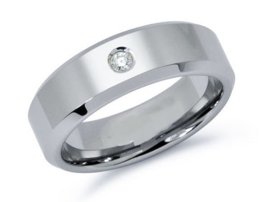 Tungsten 8mm Wedding Band Pipe Cut Design Beveled Edge Comfort Fit Round Diamond 0.10pts. Sizes 5 - 15