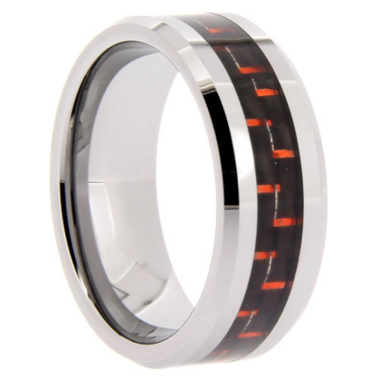 Tungsten Rings Red Carbon Fiber Inlay Wedding Bands 8mm Wide Comfort Fit Size 8 to 13 + Half Sizes