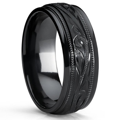 Titanium Wedding Band Black Plated Design Hand Engraved Unisex 8mm Width Beveled Edges Available Sizes 7 7.5 8 8.5 9 9.5 10 10.5 11 11.5 12