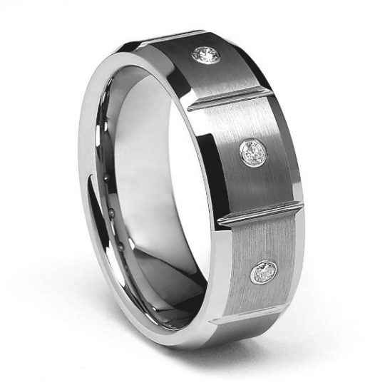 8mm Tungsten Carbide Wedding Band Three Genuine Diamonds Set in Bezels Comfort Fit Design Size 8.5 9 9.5 10 10.5 11 11.5 12 12.5