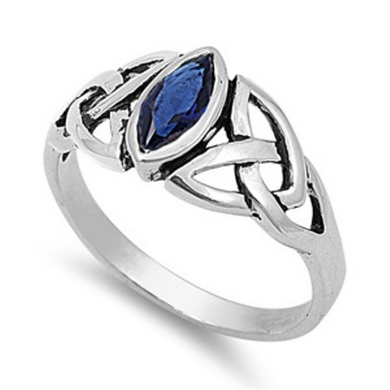 Celtic Design Sterling Silver Ring with Marquise Sapphire Blue Cubic Zirconia Gemstone HandCrafted Size 6 10