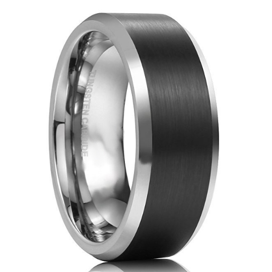 Black Black Tungsten Carbide Ring 8mm Brushed Center Mens Wedding Band Size 7 7.5 8 8.5 9 9.5 10 10.5 11 11.5 12 12.5 13 13.5 14