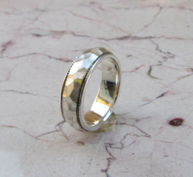 Hammer Finish Wedding Band Sterling Silver 925 Milgrain Custom Made Rings Designed For Men or Womens Size 4 5 6 7 8 9 10 11 12 13 14 15