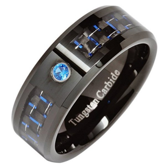 Black Tungsten Ring Blue Carbon Fiber Inlay Blue Topaz Wedding Band 8mm Comfort Fit Half Size 8 8.5 9 9.5 10 10.5 11 11.5 12 12.5 13 13.5 14