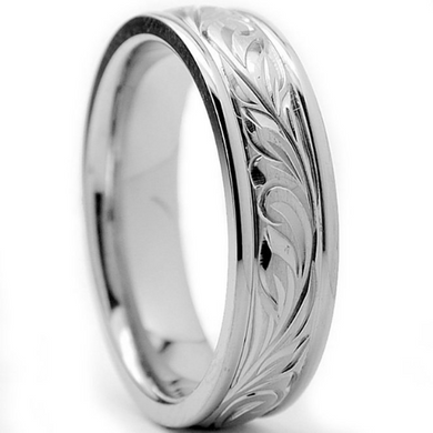Titanium Wedding Band Comfort Fit Design Hand Engraved Unisex 6mm Width Polished Edges Available in Sizes 7 8 9 10 11 12 13