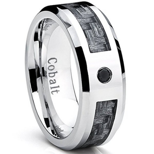 Cobalt Ring Gray Carbon Fiber Genuine Black Diamond Wedding Band 8mm Comfort Fit Sizes 8 8.5 9 9.5 10 11 12