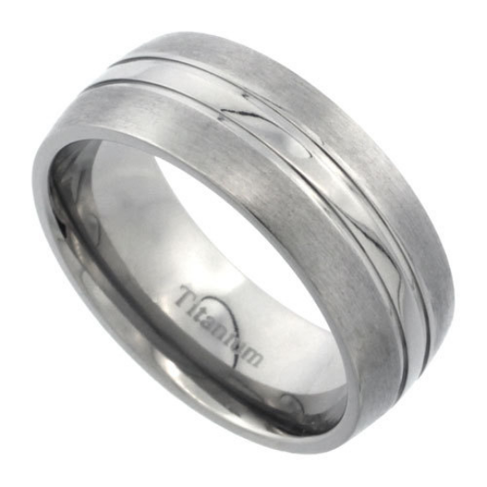 Titanium 8mm Domed Wedding Band Ring Two Lined Grooves Highly Polished Center Matte Edges Comfort Fit sizes 7 to 14