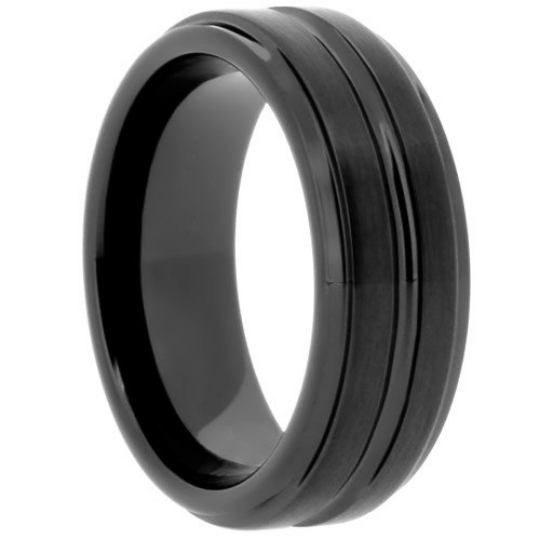 High Tech Ceramic Black Wedding Band 8mm Ring Grooved Step Down Sz 6 -13 & Half Sizes