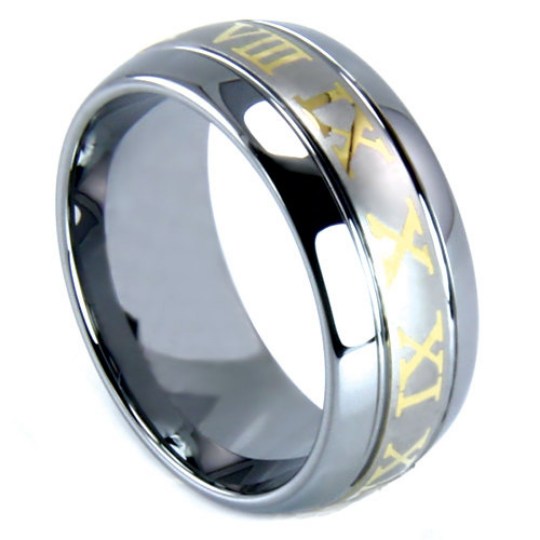 Tungsten Ring Roman Numeral Design 8MM IP Gold Tungsten Two Tone Polished Finish Wedding Band Sizes 7 - 15 + Half Sizes