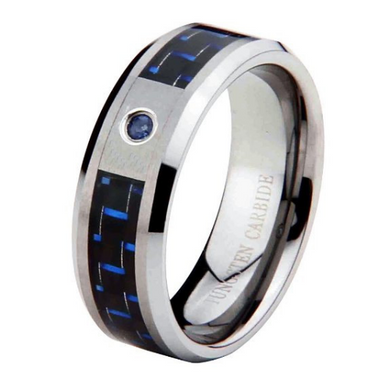Tungsten Ring Blue Carbon Fiber Inlay Blue Sapphire Wedding Band 8mm Width Comfort Fit Size 5 to 15 + Half Sizes