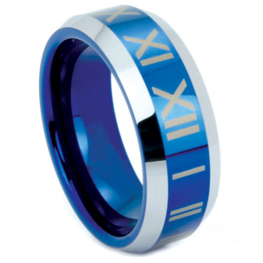 Blue Tungsten Ring Roman Numeral Design 8MM Polished Finish Wedding Band Sizes 10 11 12 13