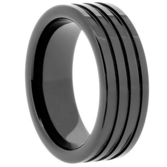 High Tech Ceramic Black Wedding Band 8mm Ring Multiple Grooves Size 6 -13 & Half Sizes