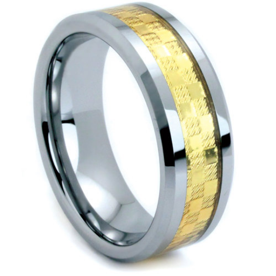 Tungsten Ring Flat Beveled Edge 6MM or 8MM IP Gold Tungsten Two Tone His or Hers Bands Satin & Polished Finish Wedding Band Sizes 5 - 13