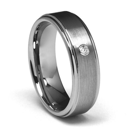 7mm Tungsten Carbide COMFORT FIT Wedding Band Round Diamond Set in White Gold Bezel Ring Men & Women Size 8.5 9 9.5 10 10.5 11 11.5 12 12.5