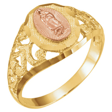 Two-Tone Our Lady of Guadalupe Ring Religious Jewelry Ladies 14kt Yellow and Rose Gold Ring Size 3 4 5 6 7 8 9 Plus Half and 1/4 Sizes