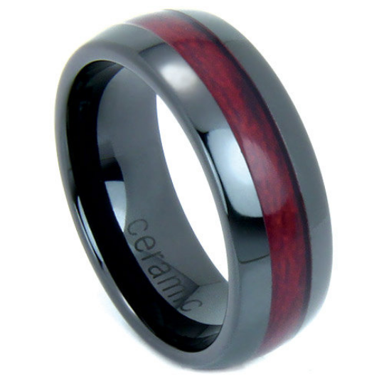 Black Wedding Band Wood Inlay 8mm Dome Ring High Tech Ceramic Size 7 8 9 10 11 12 13