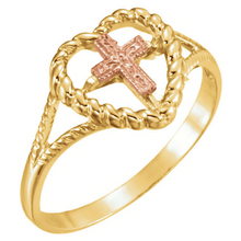 Heart & Cross Ring Religious Jewelry Ladies 14kt Yellow Gold and Rose Gold Ring Size 3 4 5 6 7 8 9 Plus Half and 1/4 Sizes