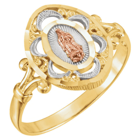 Tri-Color Our Lady of Guadalupe Ring Religious Jewelry Ladies 14kt Yellow Gold Ring Size 3 4 5 6 7 8 9 Plus Half and 1/4 Sizes