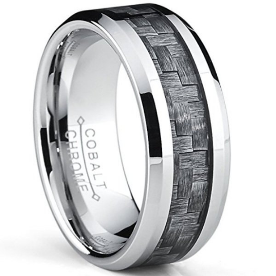 Cobalt Ring Gray Carbon Fiber Inlay Wedding Band 8mm width Comfort Fit  Polished Edges Sizes 7 7.5 8 8.5 9 9.5 10 10.5 11 12 13