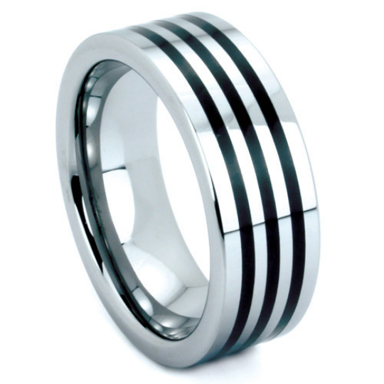 Tungsten Ring 8mm Band Triple Row Black Resin Polished Finish Flat Design Sizes 9 10 11 12 13