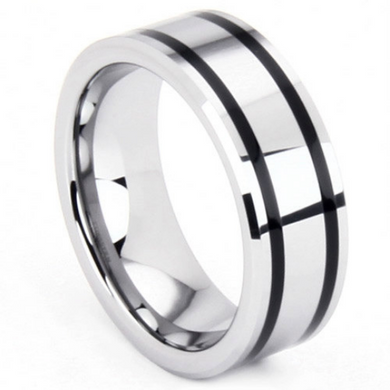 Tungsten Ring 8MM Double Black Resin Inlay Beveled Edge Polished Finish Wedding Band Sizes 5 - 15 + Half Sizes