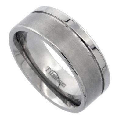Titanium 8mm Flat Wedding Band Ring One Polished Grooved Edge & Matte Finish Comfort Fit sizes 7 to 14