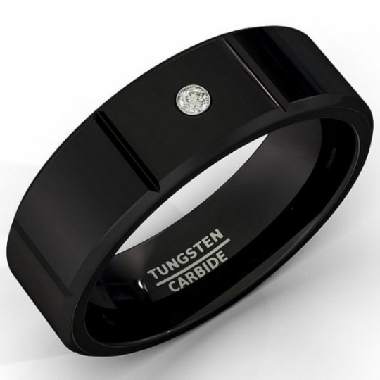 Black Tungsten Diamond Wedding Band Genuine  Diamond Ring Beveled Edges 8mm Comfort Fit Size 8 9 10 11 12 13 and Half Sizes