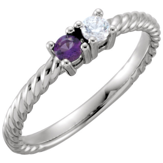 Mothers Ring in 14kt White Gold Two Round 2.5mm Gemstones Pick Any Birthstone You Preffer Size 3 4 5 6 7 8 9 Half Sizes