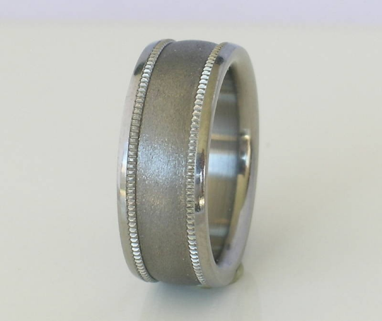 Custom Tungsten Titanium Wedding Band Men Ladies Ring Size 4-18 Available UNIQUE DESIGN Stone Finish with Milgrain Polished Edges