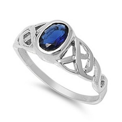 Celtic Design Sterling Silver Ring with Oval Cut Blue Sapphire Cubic Zirconia Gemstone HandCrafted Size 5 6 7 8 9