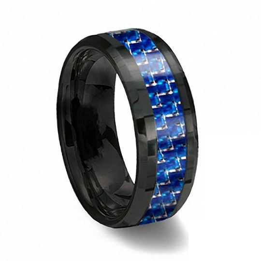 8mm Black Tungsten Wedding Band Blue & White Line Carbon Fiber Beveled Edge Unisex Sizes 6 6.5 7 7.5 8 8.5 9 9.5 10 10.5 11 11.5 12 12.5 13