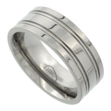 Titanium Wedding Band Comfort Fit Flat Ring 8mm Width Polished Finish Four Lined Grooves Men or Womens Size 7 8 9 10 11 12 13 14