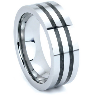 Tungsten Ring 8MM Double Black Carbon Fiber Inlay Polished Finish Wedding Band Sizes 5 - 15