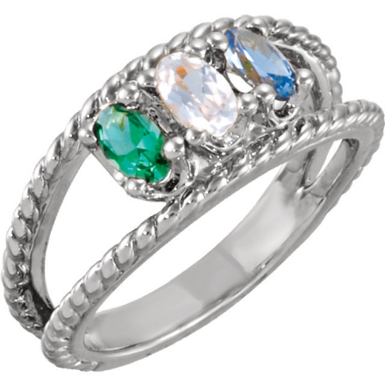 Mothers Ring 14kt White Gold 5X3mm Oval Stones Emerald Cubic Zirconia & Blue Topaz or any Birthstones Preffered Sz 3 4 5 6 7 8 9 Half Sizes
