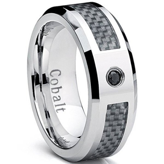 Cobalt Ring White Carbon Fiber Inlay Genuine Black Diamond Wedding Band 8mm Comfort Fit  Polished Edges Sizes 8 9 10 11 12