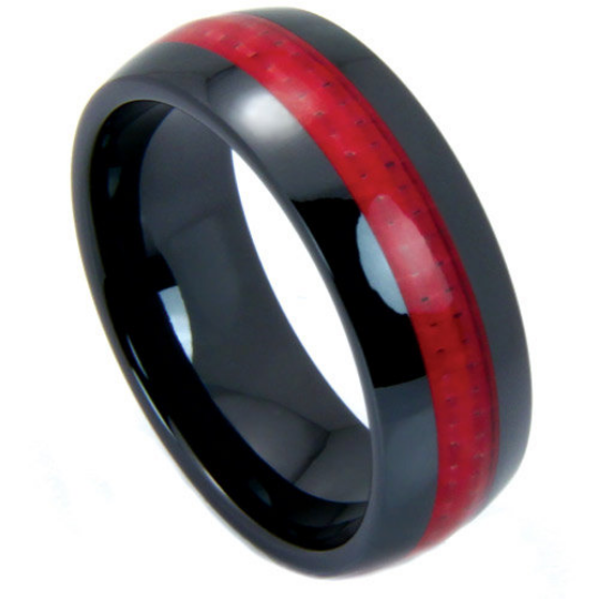 Black Wedding Band 8mm Red Carbon Fiber Dome Ring High Tech Ceramic Size 7 - 13