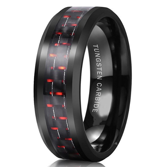 8mm Black Tungsten Wedding Band Red Carbon Fiber Inlay Beveled Edge Unisex Sizes 7 7.5 8 8.5 9 9.5 10 10.5 11 11.5 12 12.5 13