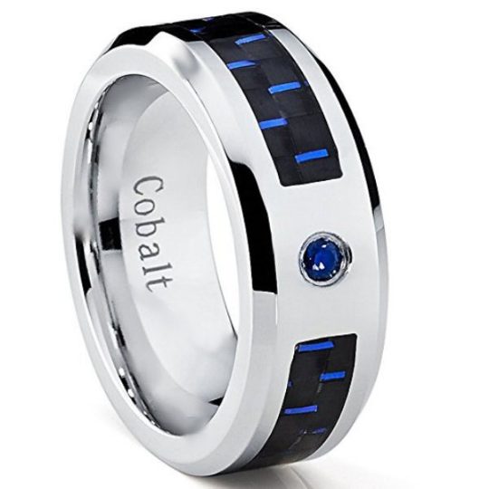 Cobalt Ring Blue Carbon Fiber Inlay Genuine Blue Sapphire Wedding Band 8mm Comfort Polished Edges Sizes 7 7.5 8 8.5 9 9.5 10 10.5 11 12 13