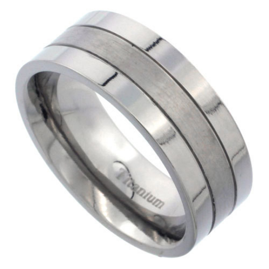 Titanium 8mm Flat Wedding Band Ring Two Lined Grooves Highly Polished Matte Center Comfort Fit sizes 7 to 14
