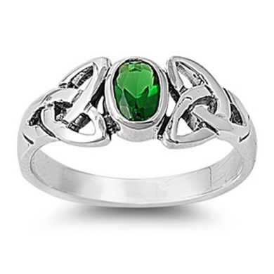 Celtic Design Sterling Silver Ring with Oval Cut Emerald Cubic Zirconia Gemstone HandCrafted Size 6