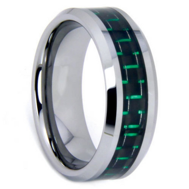 Tungsten Rings Green Carbon Fiber Inlay Wedding Bands 8mm Wide Comfort Fit Size 7 to 12.5 + Half Sizes