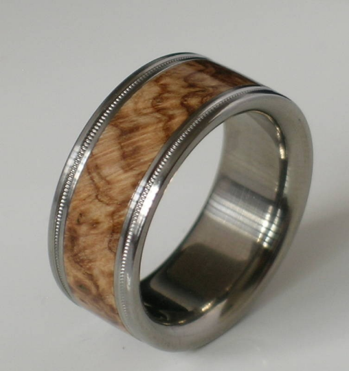 Titanium Wood Ring Brown Maple Burl Band Custom Wedding Band Available in Comfort Fit Mens and Ladies Size 4-18 Unique Exotic Wooden Design