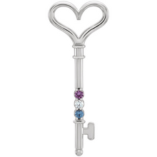 Key & Heart Mothers Pendant in 14kt White Yellow Gold with 18" 14kt white or yellow Cable Chain Three Stones 2.0mm Choose any Gems Needed