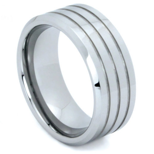 Tungsten Ring 9MM Multiple Grooves and Mirror Finish Wedding Band Sizes 5 - 15 + Half Sizes